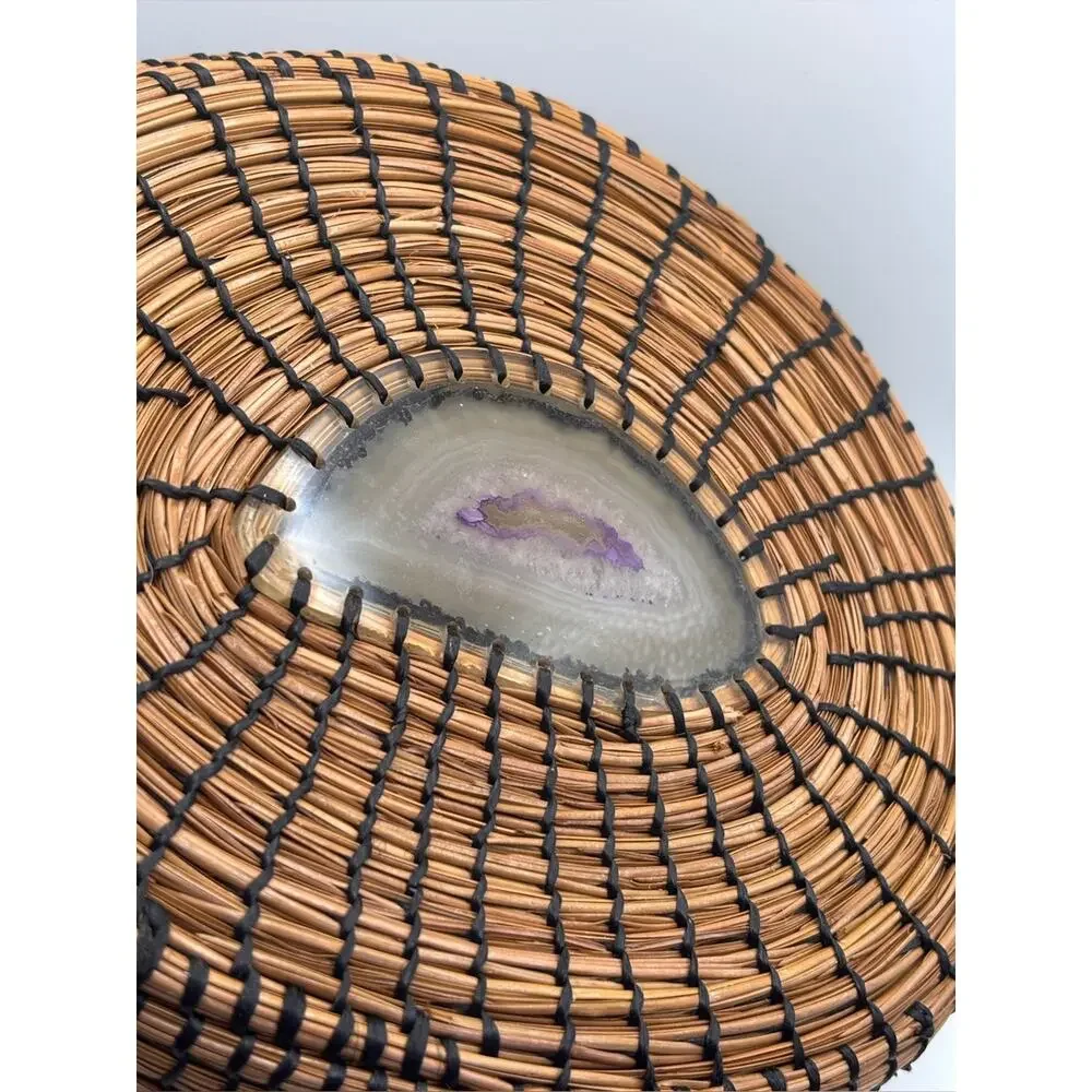 Handmade Pine Needle Basket Featuring a Polished Purple Agate Stone Center Base